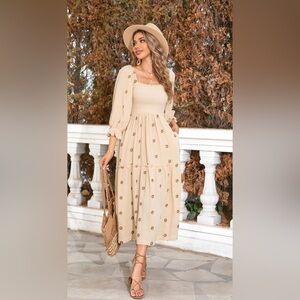 Boho Floral Smocked Midi Dress – Beige - Size Medium